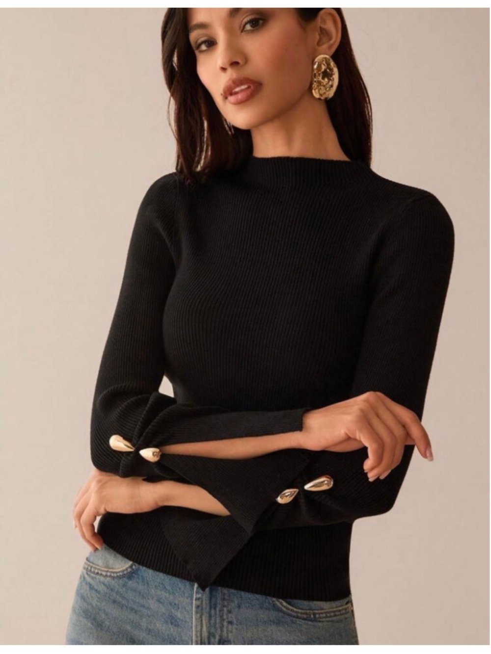 Women's Black Ribbed Turtleneck Sweater Gold Detail Size Small
